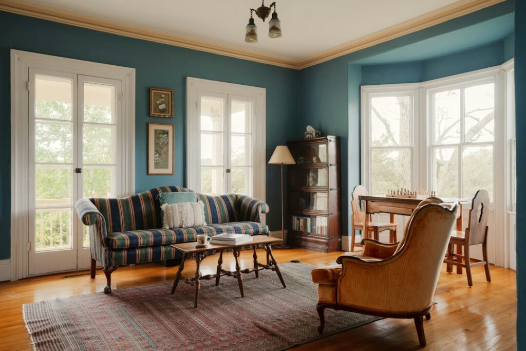 Paint swatches beside a bright living room wall with wood flooring and natural light.