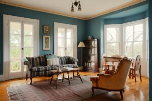 Paint swatches beside a bright living room wall with wood flooring and natural light.